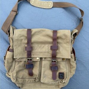 Beverly Feldman Tan Canvas Messenger Bag with Brown Leather Straps